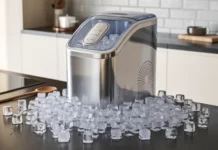 A sleek and modern countertop Upstreman Ice Maker in a stylish kitchen setting