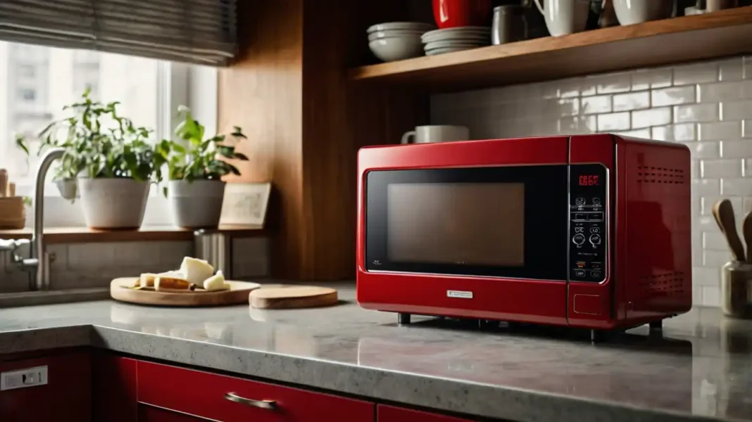 A stylish Galanz red microwave on a modern kitchen countertop