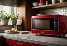 A stylish Galanz red microwave on a modern kitchen countertop