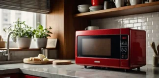 A stylish Galanz red microwave on a modern kitchen countertop