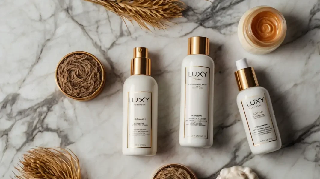 A stylish flat lay of Luxy hair products on a marble surface