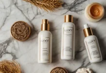 A stylish flat lay of Luxy hair products on a marble surface