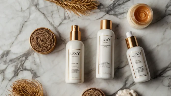 A stylish flat lay of Luxy hair products on a marble surface