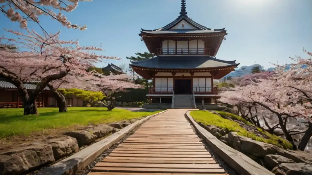 A traveler in a kimono exploring a serene Japanese temple surrounded by cherry blossoms, representing bespoke Japan travel with tailor-made experiences and cultural immersion. A traveler in a kimono exploring a serene Japanese temple surrounded by cherry blossoms, representing bespoke Japan travel with tailor-made experiences and cultural immersion.