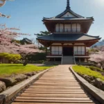 A traveler in a kimono exploring a serene Japanese temple surrounded by cherry blossoms, representing bespoke Japan travel with tailor-made experiences and cultural immersion.
