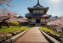 A traveler in a kimono exploring a serene Japanese temple surrounded by cherry blossoms, representing bespoke Japan travel with tailor-made experiences and cultural immersion.