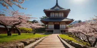 A traveler in a kimono exploring a serene Japanese temple surrounded by cherry blossoms, representing bespoke Japan travel with tailor-made experiences and cultural immersion.