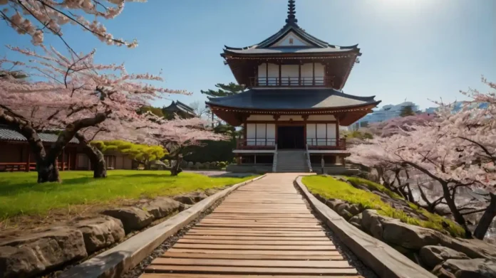A traveler in a kimono exploring a serene Japanese temple surrounded by cherry blossoms, representing bespoke Japan travel with tailor-made experiences and cultural immersion.