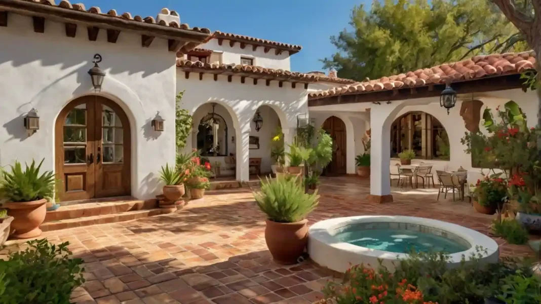 A vibrant Spanish Mediterranean Homes-style featuring a white stucco exterior