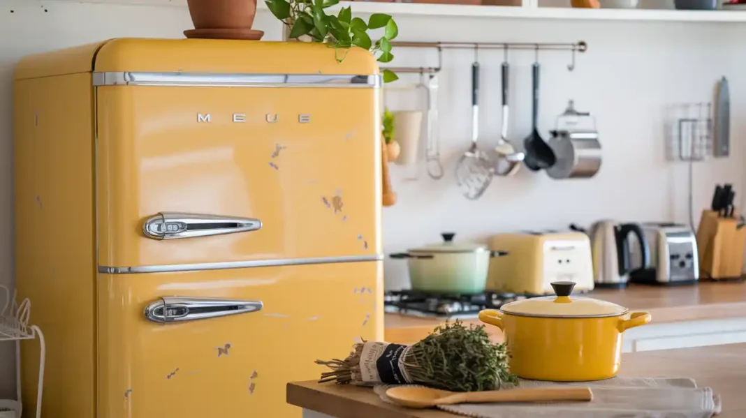 A vibrant kitchen featuring a modern retro fridge with bold colors and vintage design elements
