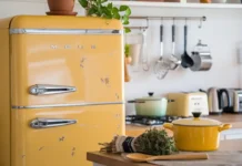 Modern Retro Fridges: Style Meets Functionality A vibrant kitchen featuring a modern retro fridge with bold colors and vintage design elements