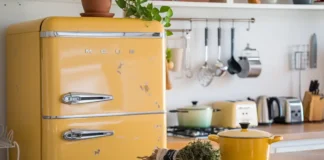 A vibrant kitchen featuring a modern retro fridge with bold colors and vintage design elements
