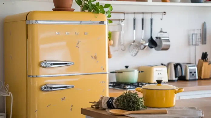 A vibrant kitchen featuring a modern retro fridge with bold colors and vintage design elements