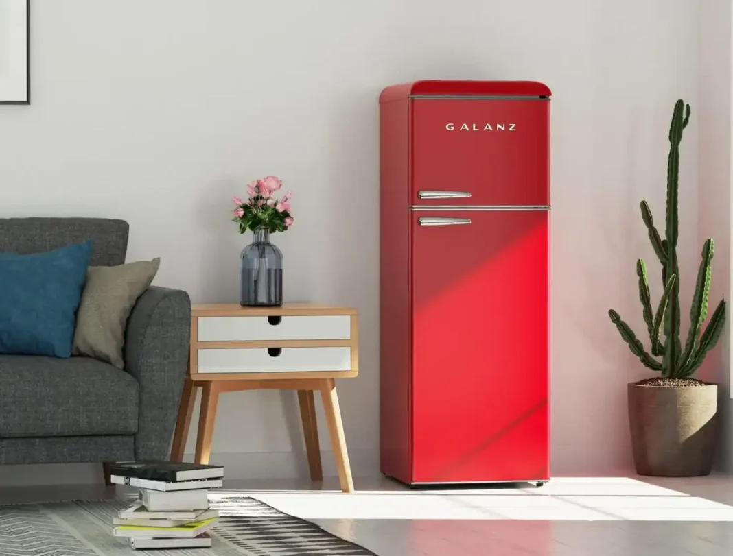 A vibrant, retro-style kitchen with a Galanz Retro Full-Size Fridge