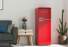 A vibrant, retro-style kitchen with a Galanz Retro Full-Size Fridge