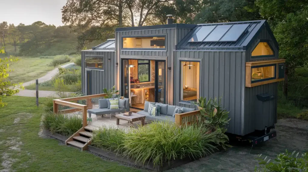 An illustration of a compact, modern 3 bedroom tiny homes surrounded by lush greenery, showcasing solar panels on the roof and a small garden.