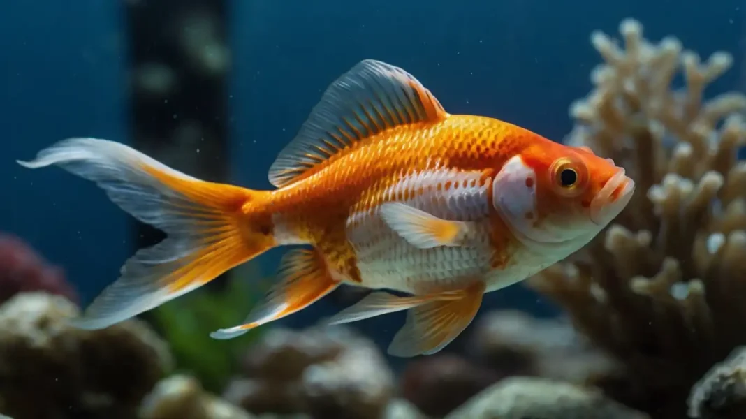 Close-up photo of a vibrant orange and white fancy goldfish actively eating Goldfish Carnivore Food