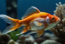 Close-up photo of a vibrant orange and white fancy goldfish actively eating Goldfish Carnivore Food