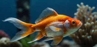 Close-up photo of a vibrant orange and white fancy goldfish actively eating Goldfish Carnivore Food