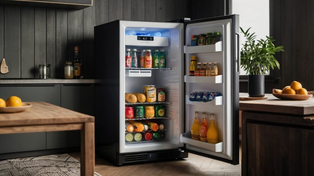 Upstreman Mini Fridge in a cozy apartment setting