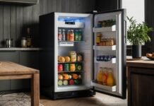 Upstreman Mini Fridge in a cozy apartment setting