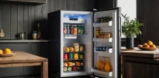 Upstreman Mini Fridge in a cozy apartment setting