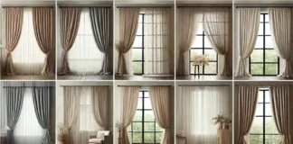 a collage showcasing different linen curtain styles and colors, creating a cozy minimalist aesthetic.