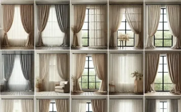 a collage showcasing different linen curtain styles and colors, creating a cozy minimalist aesthetic.