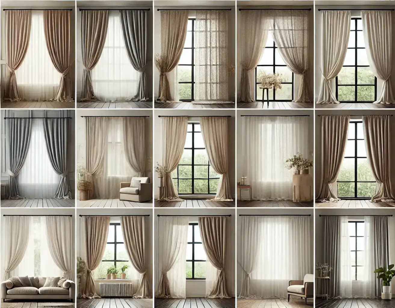 a collage showcasing different linen curtain styles and colors, creating a cozy minimalist aesthetic.