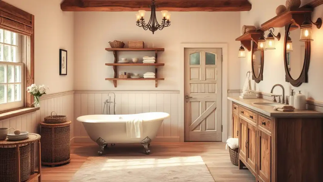 A beautifully designed Country Bathroom Decor featuring rustic wooden elements, a clawfoot tub, soft neutral tones, and vintage-style lighting for a warm, cozy feel.