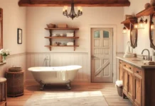 Country Bathroom Decor: Rustic & Cozy Design Ideas A beautifully designed Country Bathroom Decor featuring rustic wooden elements, a clawfoot tub, soft neutral tones, and vintage-style lighting for a warm, cozy feel.