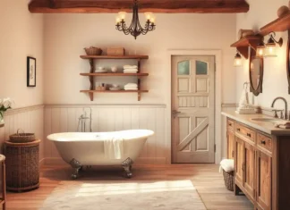 A beautifully designed Country Bathroom Decor featuring rustic wooden elements, a clawfoot tub, soft neutral tones, and vintage-style lighting for a warm, cozy feel.