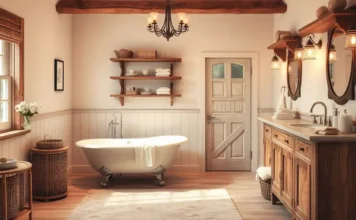 A beautifully designed Country Bathroom Decor featuring rustic wooden elements, a clawfoot tub, soft neutral tones, and vintage-style lighting for a warm, cozy feel.