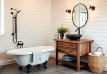 Modern Farmhouse Bathroom Ideas: Rustic Meets Chic A beautifully styled modern farmhouse bathroom ideas