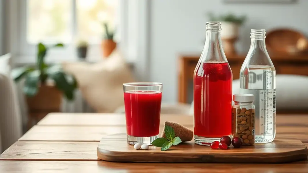 A clean and minimalistic Quick UTI Relief image showing a glass of cranberry juice
