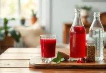 A clean and minimalistic Quick UTI Relief image showing a glass of cranberry juice