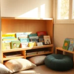 Montessori Reading Nook: Create a Cozy Learning Space A cozy Montessori reading nook with a low wooden bookshelf filled with colorful children’s books
