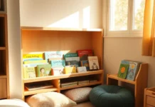 A cozy Montessori reading nook with a low wooden bookshelf filled with colorful children’s books