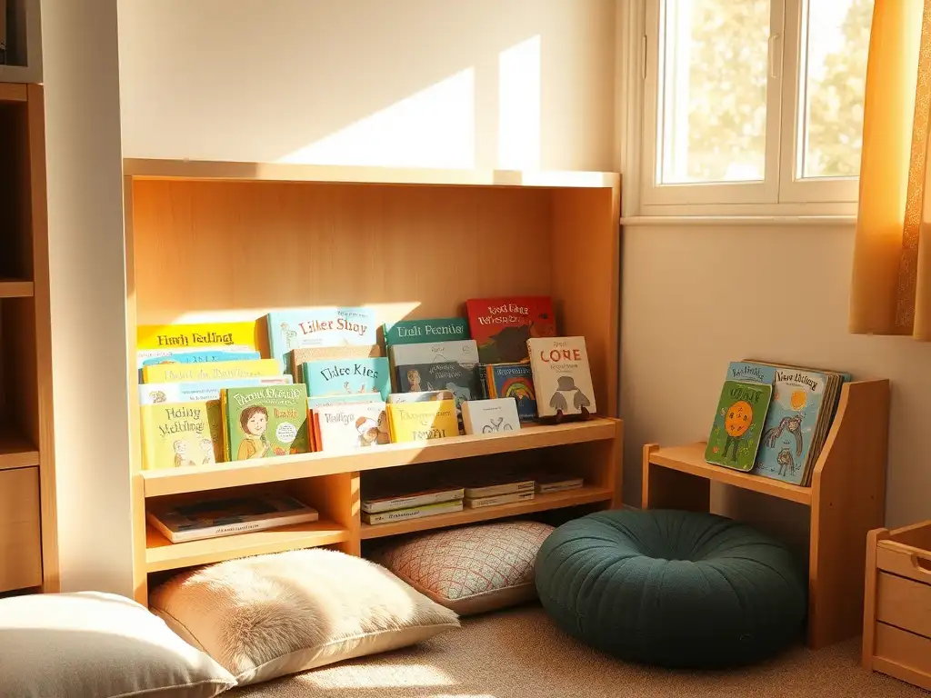 A cozy Montessori reading nook with a low wooden bookshelf filled with colorful children’s books