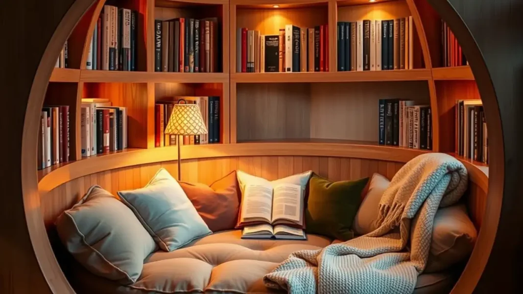 A cozy circle reading nook with plush cushions