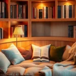 A cozy circle reading nook with plush cushions