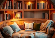A cozy circle reading nook with plush cushions