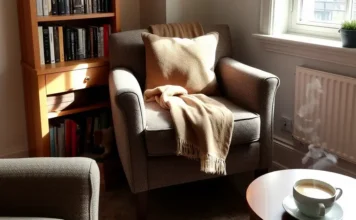 A cozy corner with a stylish upholstered corner reading chair
