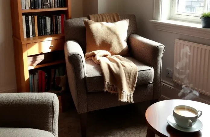 A cozy corner with a stylish upholstered corner reading chair