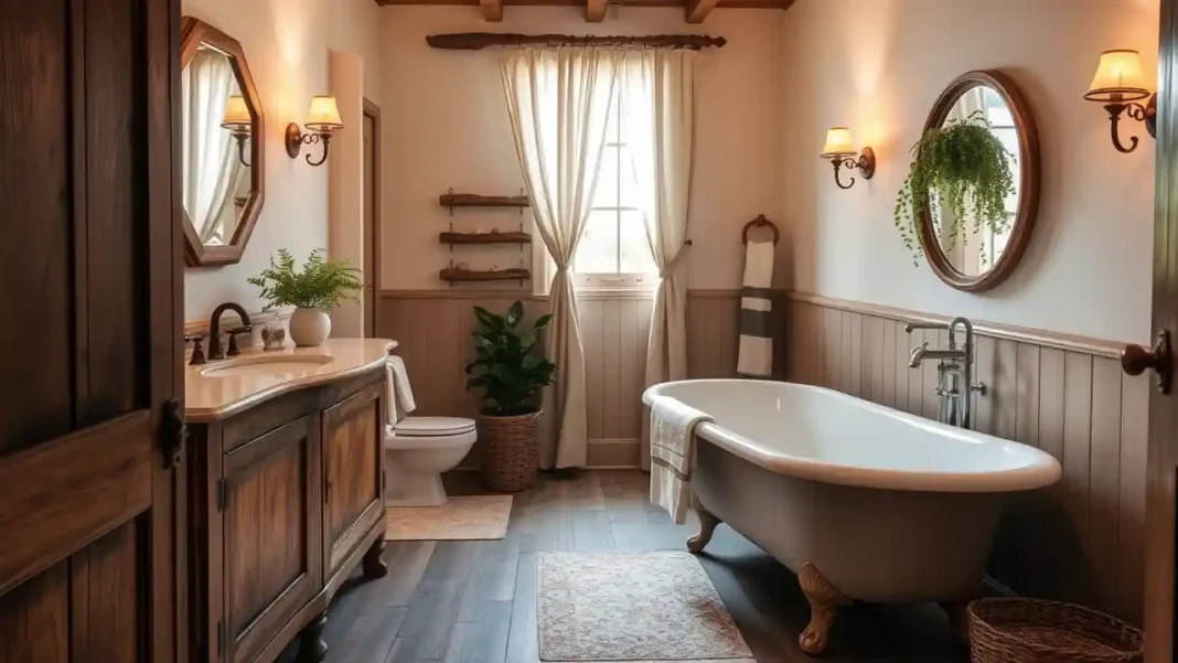 A cozy country bathroom Decor Ideas with rustic wooden vanities