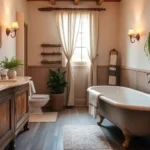 A cozy country bathroom Decor Ideas with rustic wooden vanities