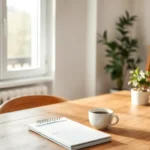 Frugal Living: Smart Ways to Save Money and Live Well A cozy, minimalist home with natural light, a budget planner on a wooden table, a cup of coffee, and a plant, symbolizing a frugal living
