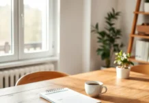 A cozy, minimalist home with natural light, a budget planner on a wooden table, a cup of coffee, and a plant, symbolizing a frugal living