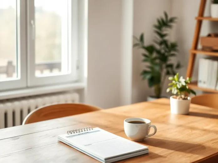 A cozy, minimalist home with natural light, a budget planner on a wooden table, a cup of coffee, and a plant, symbolizing a frugal living