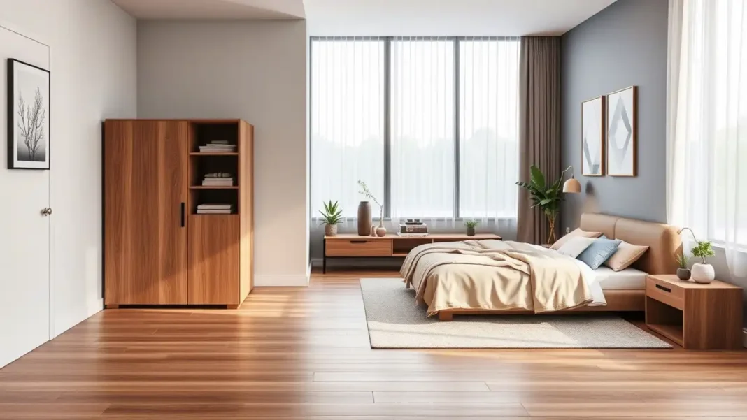 A cozy modern bedroom with a compact Stylish Wooden Bedside Locker